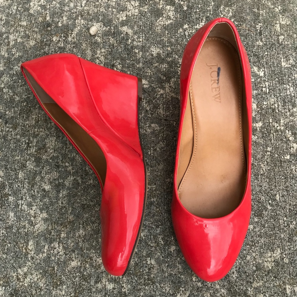 J Crew Patent leather wedges neon coral pink red